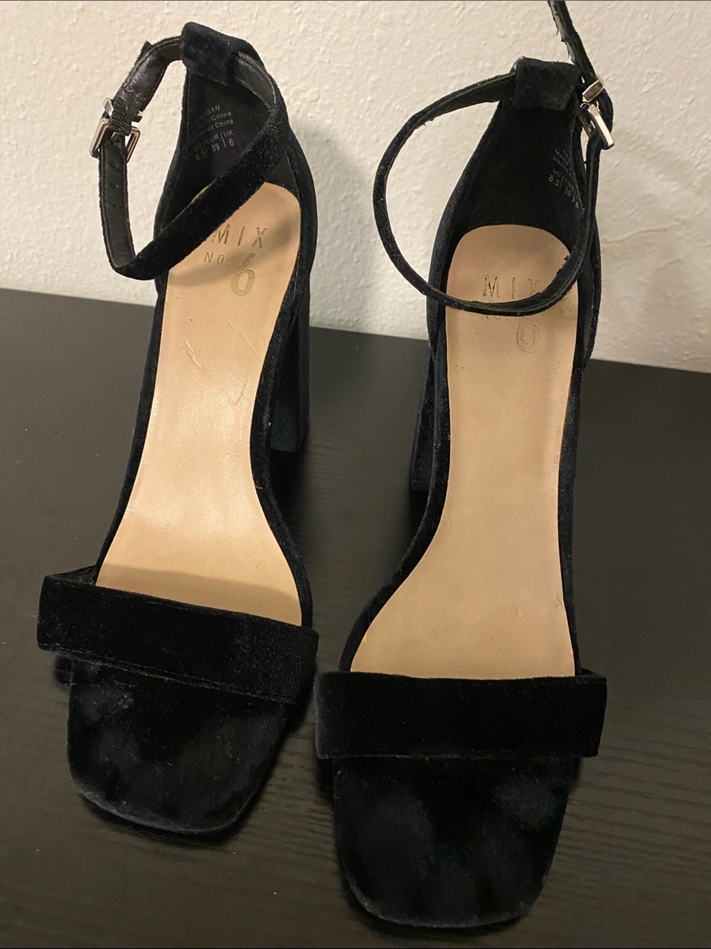 Black Velvet Ankle Strap Block Heels